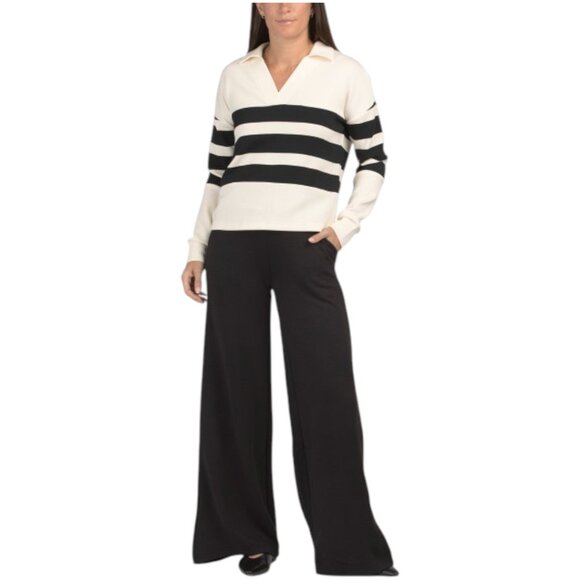 CG STUDIO 2pc Ribbed Knit Striped Top And Wide Leg Pants Set - Picture 1 of 2